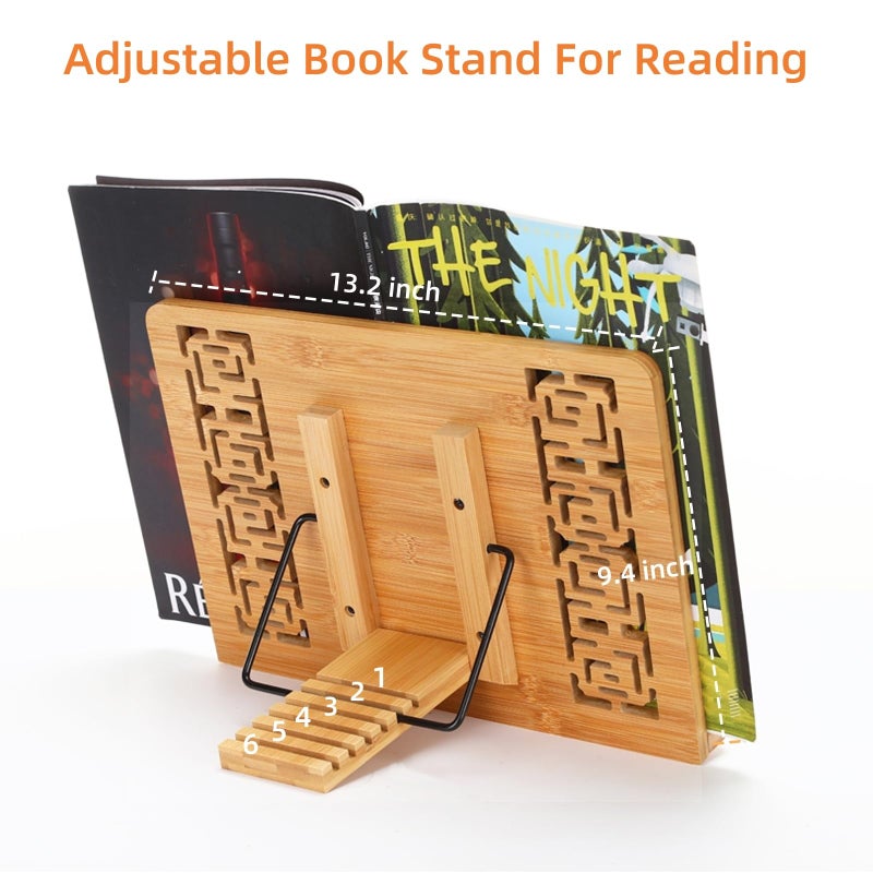 MEGREZ Book Stand for Reading (13.2 x 9.4 inch) Bamboo Cookbook Stand Holder for Kitchen, Adjustable Book Holder Stand for Tablet/Textbook Holder/Hollow Bookrest Stand, Giraffe and Tree - Image 2